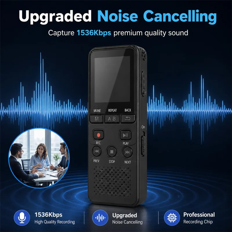 P329 8GB Digital Voice Recorder 1536Kbps PCM Noise Reduction Voice Activated Recording A-B Repeat 1.44 inch LCD Screen - Black