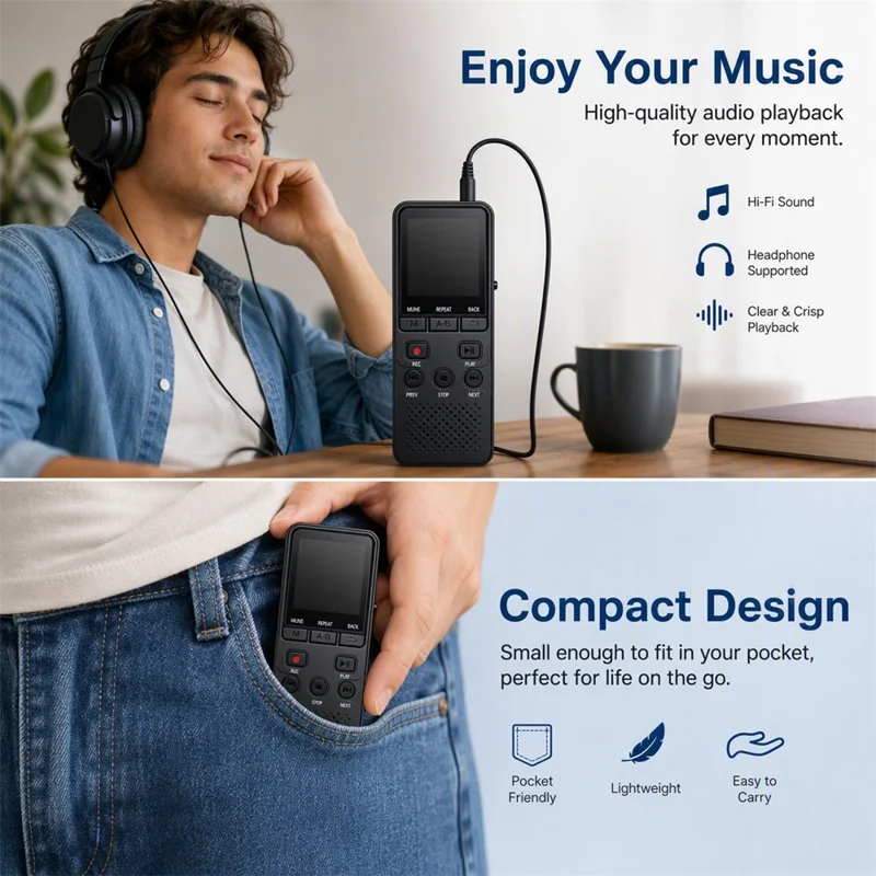 P329 8GB Digital Voice Recorder 1536Kbps PCM Noise Reduction Voice Activated Recording A-B Repeat 1.44 inch LCD Screen - Black
