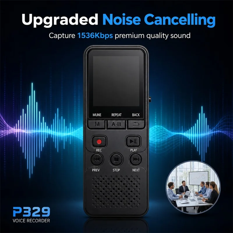 P329 8GB Digital Voice Recorder 1536Kbps PCM Noise Reduction Voice Activated Recording A-B Repeat 1.44 inch LCD Screen - Black