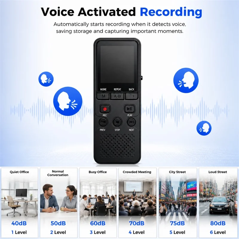 P329 8GB Digital Voice Recorder 1536Kbps PCM Noise Reduction Voice Activated Recording A-B Repeat 1.44 inch LCD Screen - Black