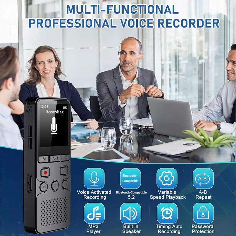 P329 8GB Digital Voice Recorder 1536Kbps PCM Noise Reduction Voice Activated Recording A-B Repeat 1.44 inch LCD Screen - Black