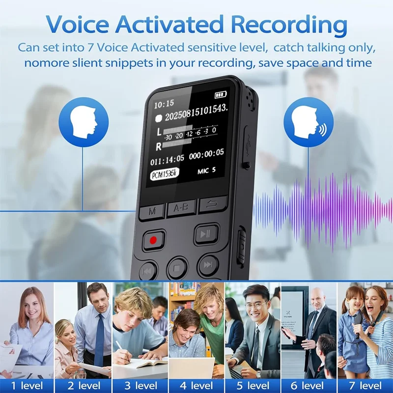 P329 8GB Digital Voice Recorder 1536Kbps PCM Noise Reduction Voice Activated Recording A-B Repeat 1.44 inch LCD Screen - Black