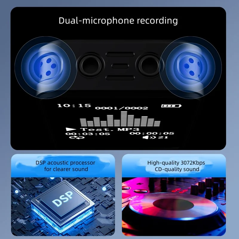 P329 8GB Digital Voice Recorder 1536Kbps PCM Noise Reduction Voice Activated Recording A-B Repeat 1.44 inch LCD Screen - Black