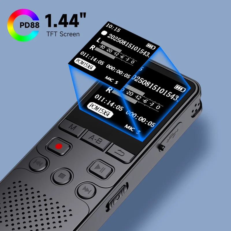 P329 8GB Digital Voice Recorder 1536Kbps PCM Noise Reduction Voice Activated Recording A-B Repeat 1.44 inch LCD Screen - Black
