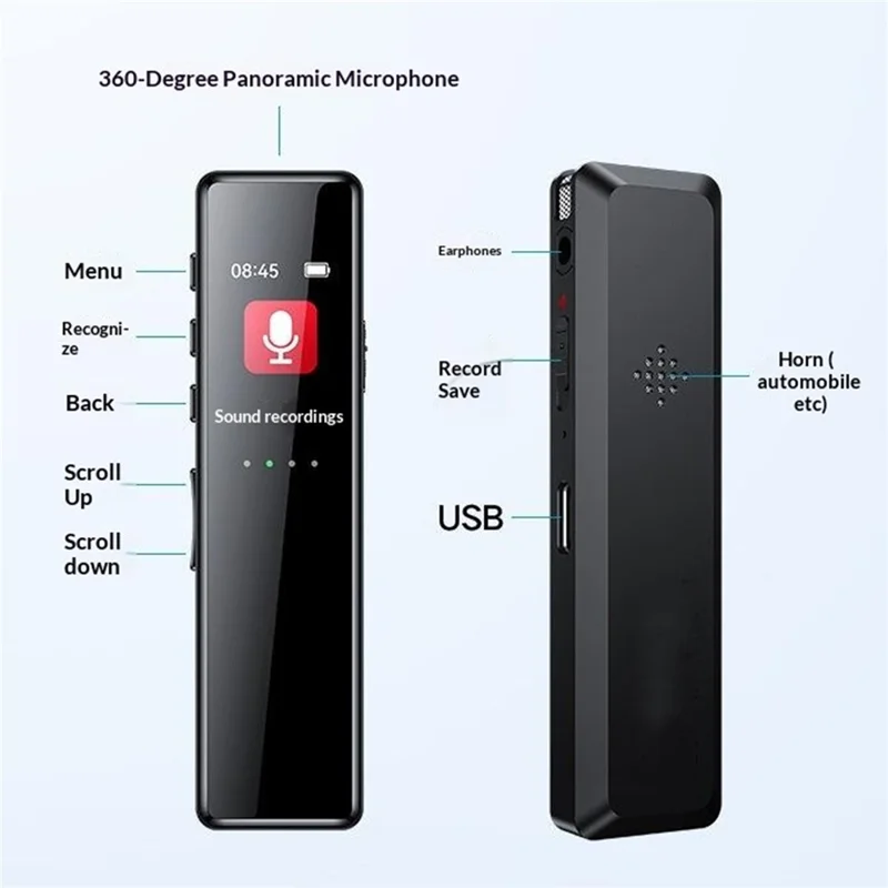 8GB Digital Voice Recorder 0.96-Inch TFT Display 360-Degree Panoramic Microphone Audio Recorder - Black