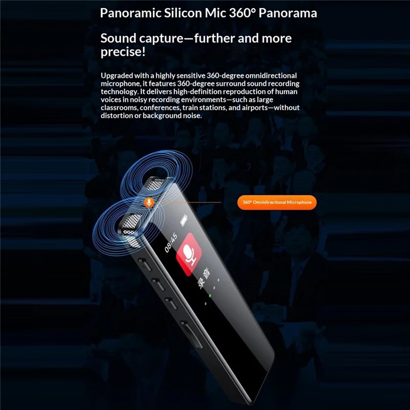 8GB Digital Voice Recorder 0.96-Inch TFT Display 360-Degree Panoramic Microphone Audio Recorder - Black