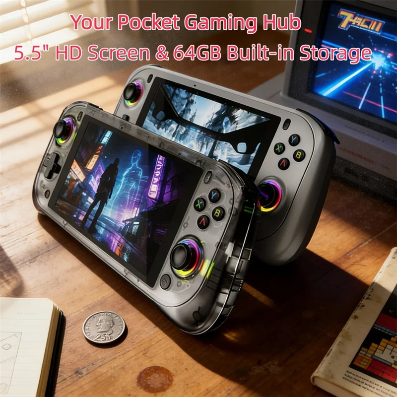 J55 128GB Storage Handheld Gaming Console 5.5 Inch HD Screen Dual Joysticks RGB Lighting for Gaming - White