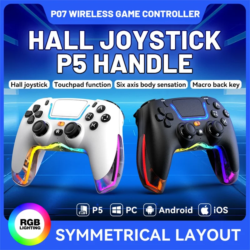 Drahtloser Game-Controller P07 mit Hall-Effekt-Joysticks, Bluetooth-kompatibel 5.4, 1000-mAh-Akku für Sony PlayStation 5, Android, PC und iOS – Schwarz