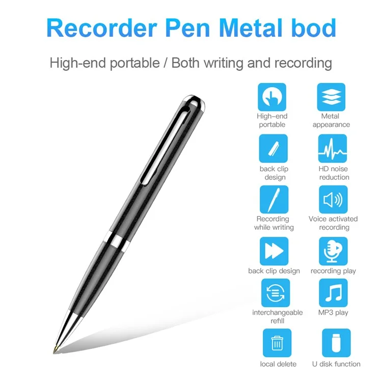Q96 16GB Aufnahmegerät mit Einknopfsteuerung Mini + Schreibstift 2 in 1 Digitales Aufnahmegerät Stift Audioaufnahme Diktiergerät 