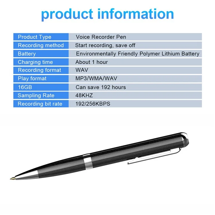 Q96 16GB Aufnahmegerät mit Einknopfsteuerung Mini + Schreibstift 2 in 1 Digitales Aufnahmegerät Stift Audioaufnahme Diktiergerät 