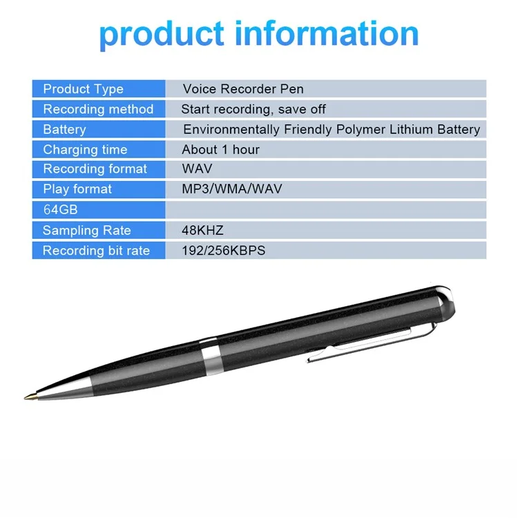 Q96 64 Go Dictaphone d'enregistrement audio Dictaphone à activation vocale Stylo enregistreur vocal numérique réinscriptible