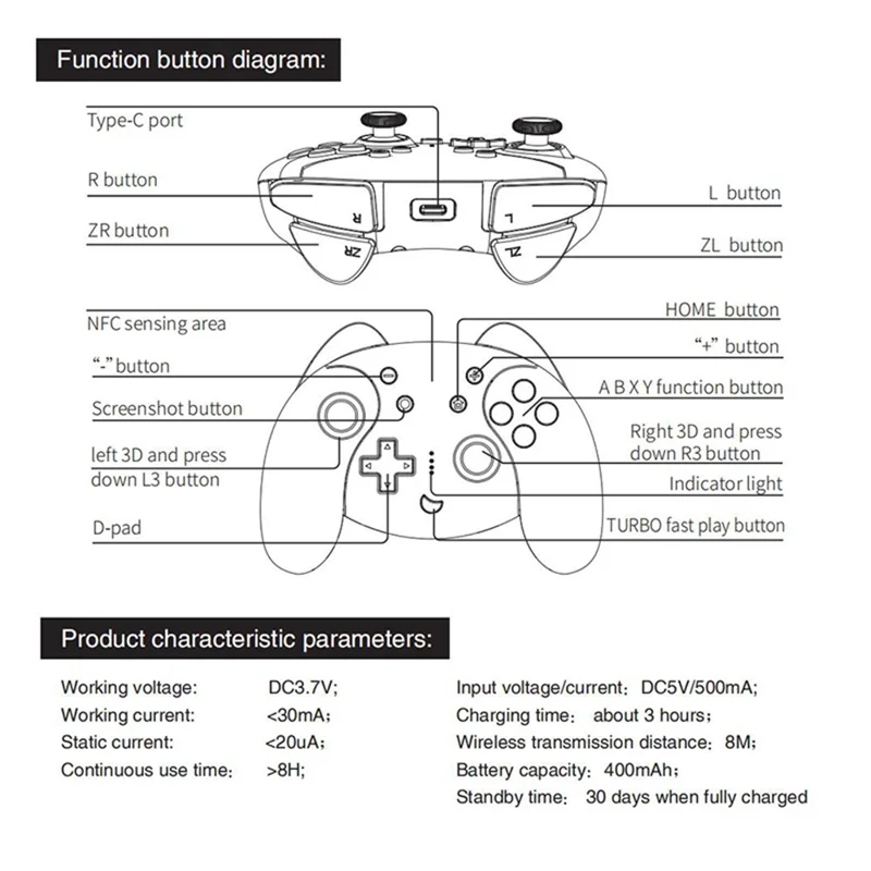 Беспроводной игровой контроллер IPEGA PG-SW068, джойстик с шестипозиционным гироскопом, поддержка Bluetooth, NFC, вибрация, для Nintendo Switch — черный/серый