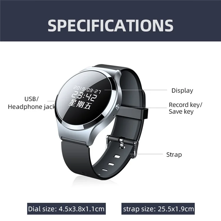 Bracelet enregistreur vocal numérique S8 16 Go Montre Cryptage du mot de passe Enregistreur audio pour cours, réunions, entretiens, classes