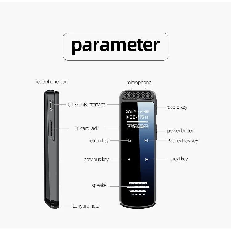 Enregistreur vocal à écran tactile Q55 4GB DSP avec réduction du bruit, en alliage de zinc