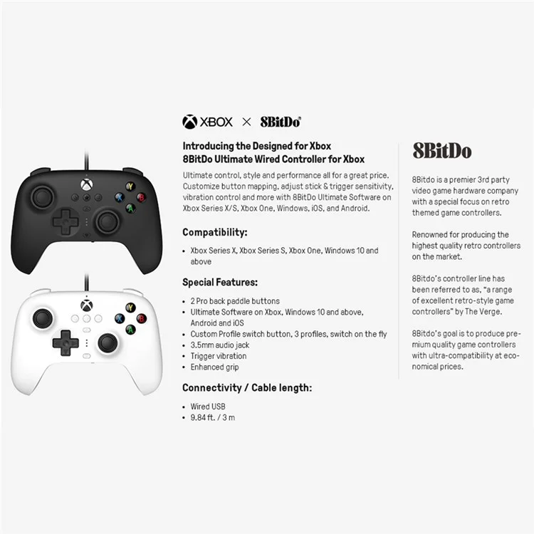 8BITDO Wired Game Controller Joystick Vibration Gamepad for Xbox One/Series X/Series S / Windows 10/11 - White
