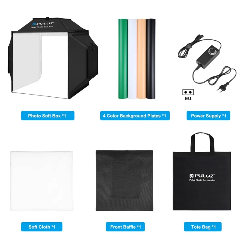 PULUZ PU5042 40cm Folding 5500K Studio Shooting Tent Soft Box Photography Lighting Kit with 4 Colors PVC Backdrops (Black, Orange, White, Green) - EU Plug