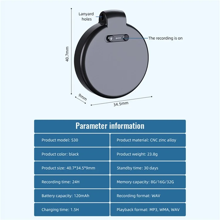 Enregistreur vocal HD à réduction de bruit activé par la voix S30+ 32 Go avec lecteur MP3 et fonction clé USB
