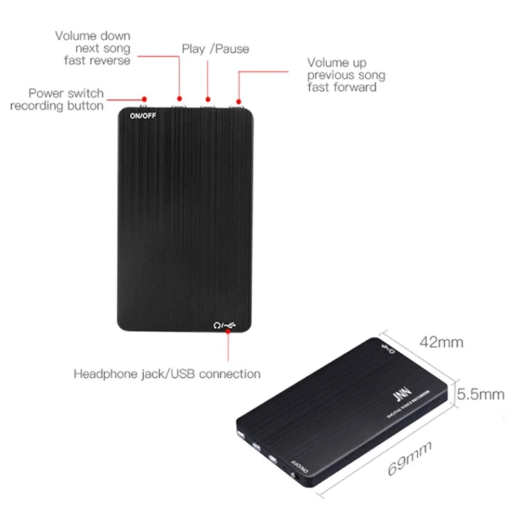 JNN M2 16GB Voice Activated Recorder Mini Aluminum Alloy Dictaphone Recording Device MP3 Player