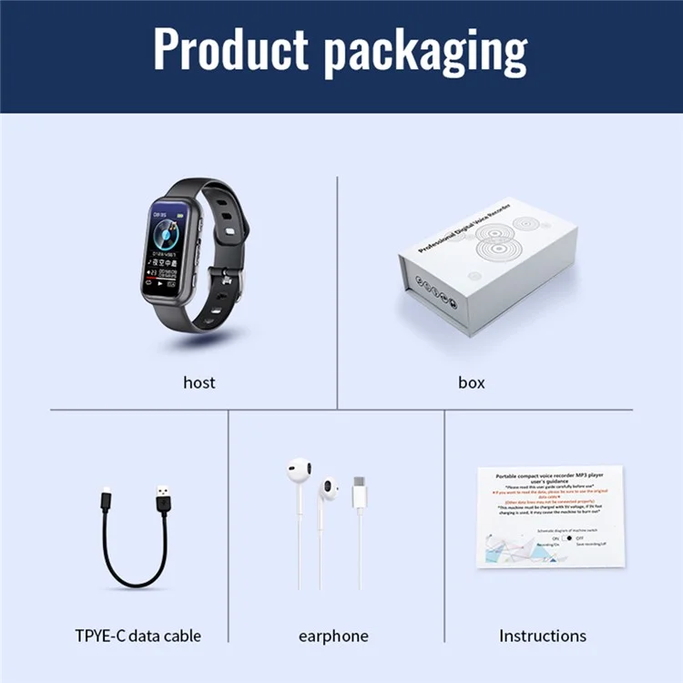 S16 8 GB Audio Voice Armband Aufnahmegerät mit Geräuschunterdrückung, Passwort, E-Book, Musik abspielen