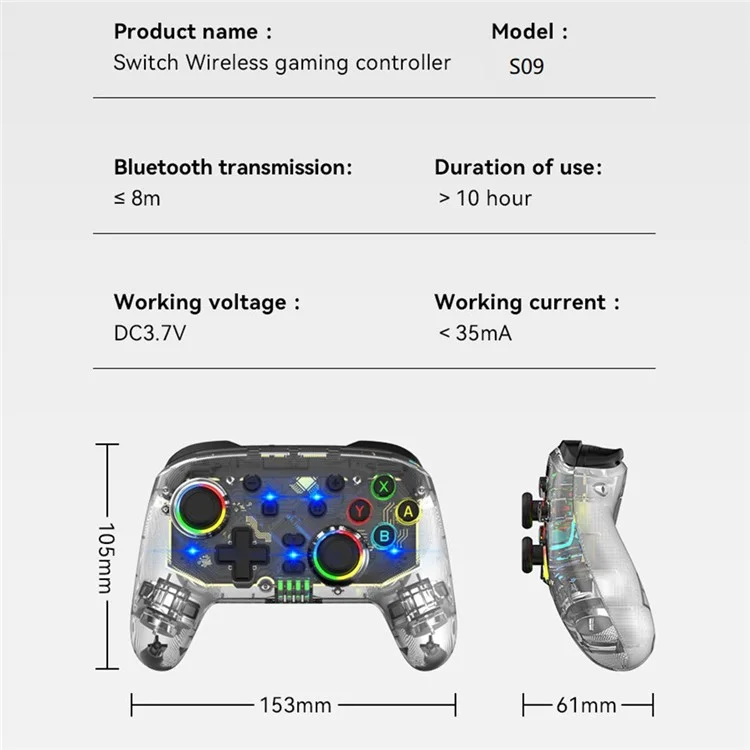 S09 Six Axis Vibration Bluetooth-compatible Controller TURBO Comb Wireless Gamepad with Dazzling Light for E-Sports - Transparent