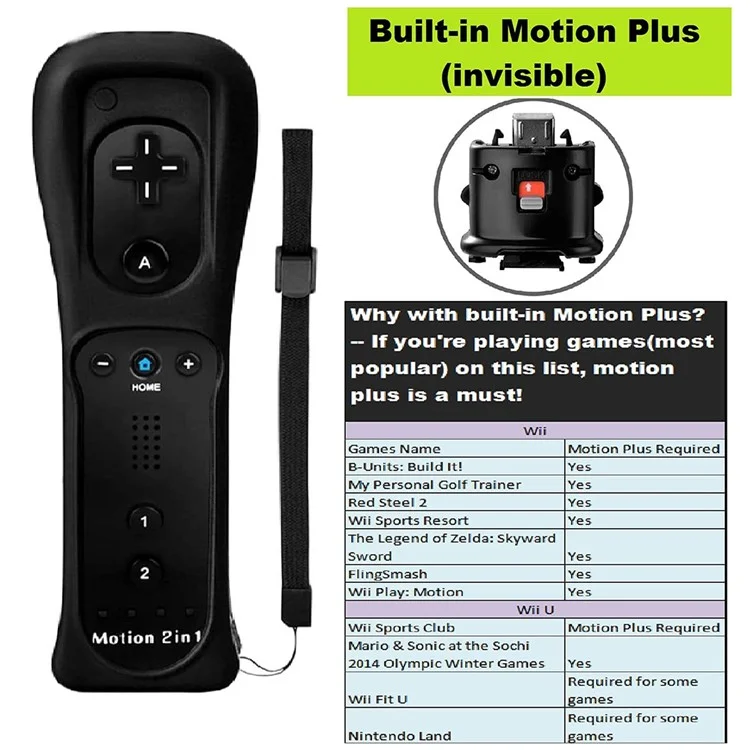 8512 Compatible with Nintendo Wii Remote Controller Motion 2-in-1 Wireless Gamepad with Silicone Case, Strap - Negra