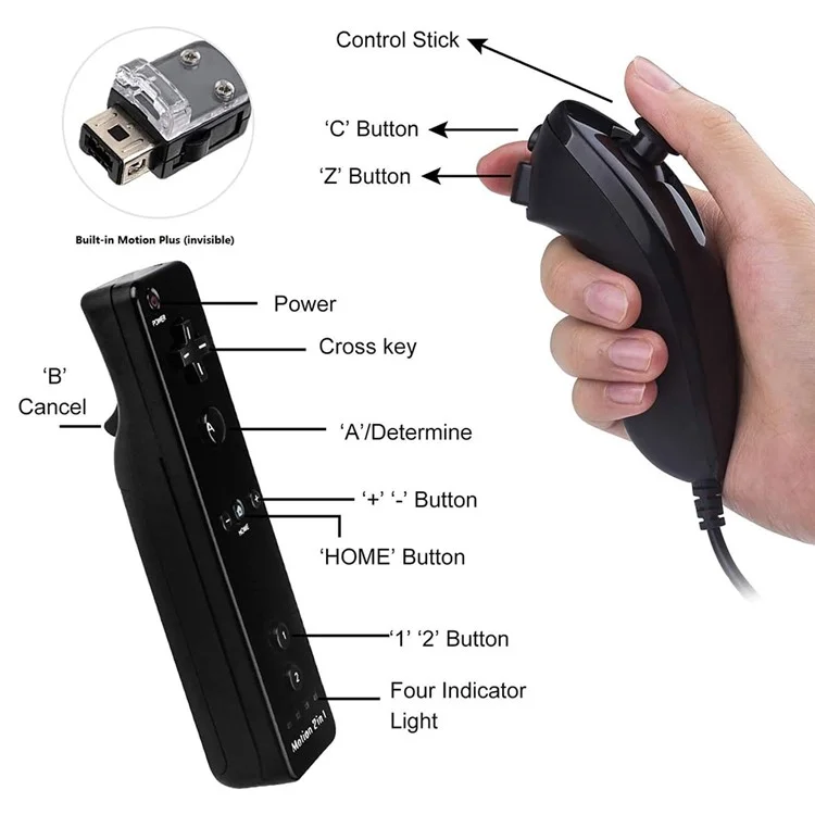 8512 Compatible with Nintendo Wii Remote Controller Motion 2-in-1 Wireless Gamepad with Silicone Case, Strap - Negra