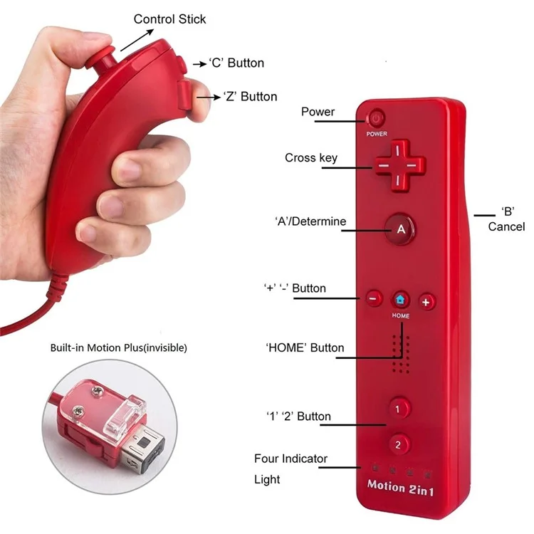 Manette de jeu sans fil 2 en 1 compatible avec Nintendo Wii Remote Controller, avec étui en silicone et dragonne - Rouge