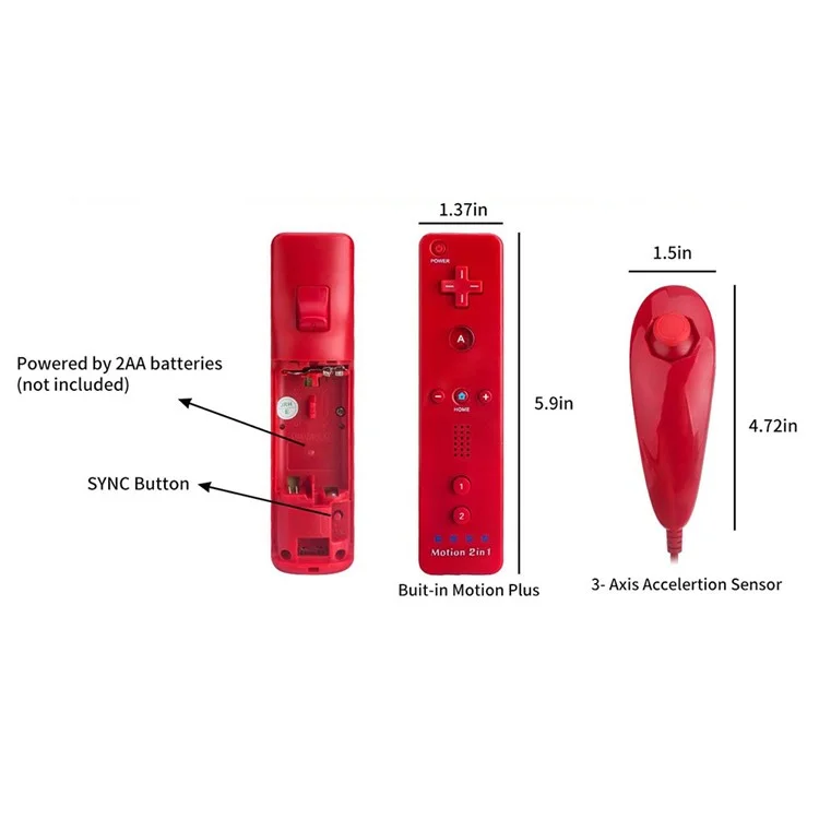 Manette de jeu sans fil 2 en 1 compatible avec Nintendo Wii Remote Controller, avec étui en silicone et dragonne - Rouge
