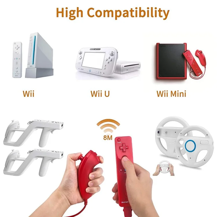 Manette de jeu sans fil 2 en 1 compatible avec Nintendo Wii Remote Controller, avec étui en silicone et dragonne - Rouge