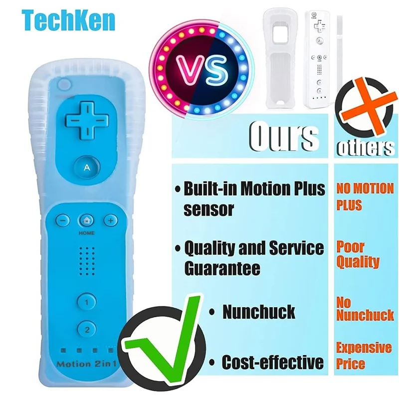 8512 Compatible avec la manette de jeu Nintendo Wii Remote Controller Motion 2-en-1 sans fil avec étui en silicone et dragonne - Bleu