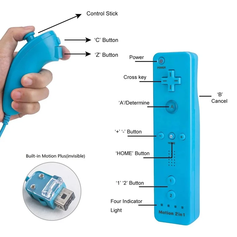 8512 Compatible avec la manette de jeu Nintendo Wii Remote Controller Motion 2-en-1 sans fil avec étui en silicone et dragonne - Bleu