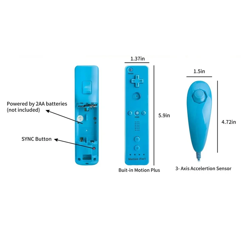 8512 Compatible avec la manette de jeu Nintendo Wii Remote Controller Motion 2-en-1 sans fil avec étui en silicone et dragonne - Bleu