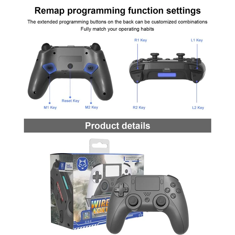 TOPWOLF HS-PS4252 For PS4 Bluetooth-compatible Controller PC Programmable Dual Vibration Gamepad - Black