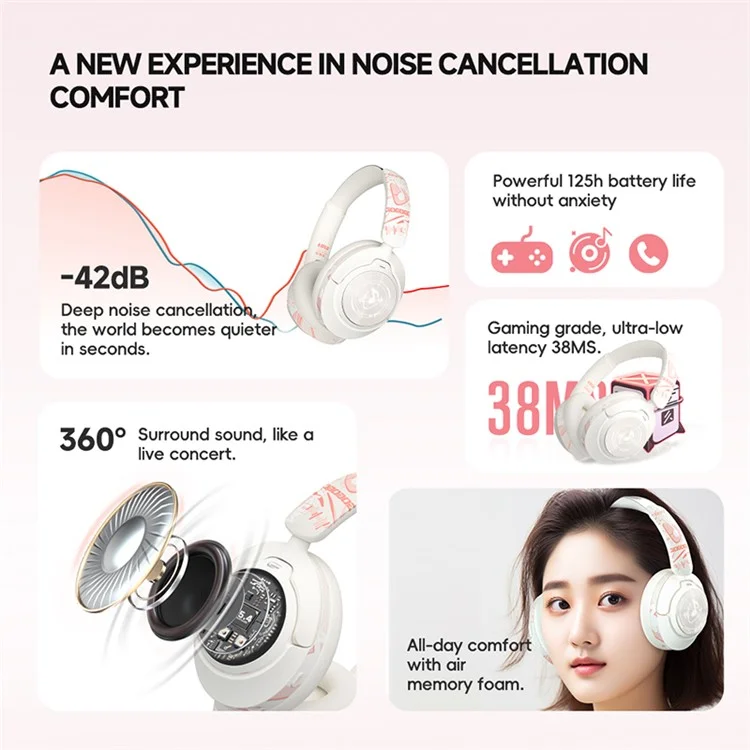 GT1 Bluetooth-compatible 5.4 Wireless Headset ANC Noise Reduction Gaming Headphones - Pink