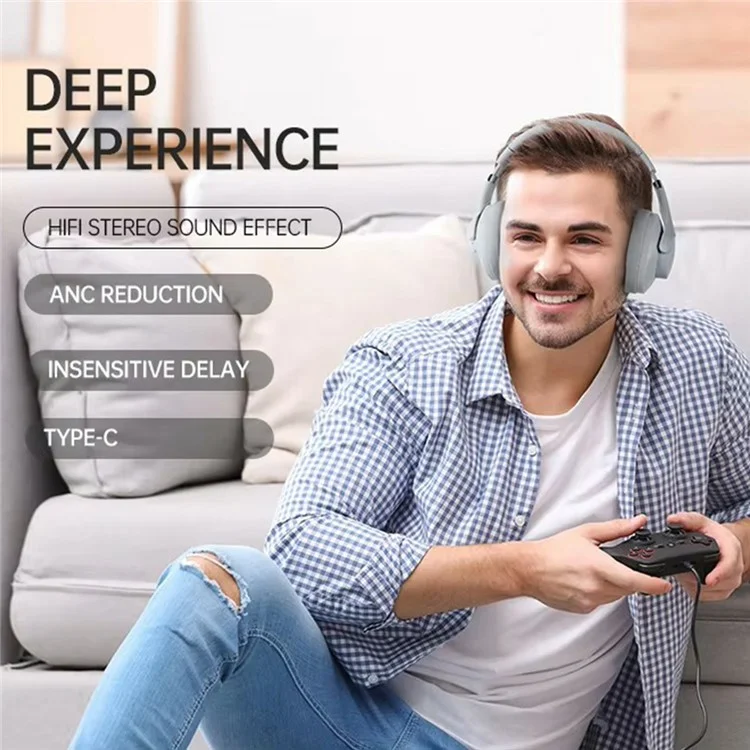 BT048 Active Noise Cancelling Wireless Headphone Bluetooth-compatible Heavy Bass Over-Ear Gaming Music Headset - Grey