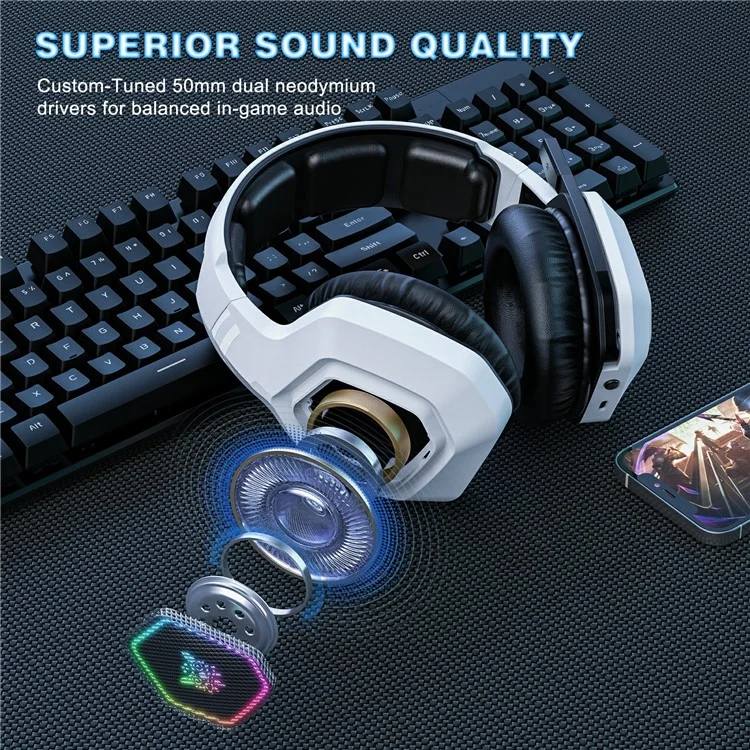 ONIKUMA B100 2.4G Wireless / Bluetooth-compatible 5.3 / Wired Over-Ear Headset RGB Light E-Sports Gaming Headphone - White