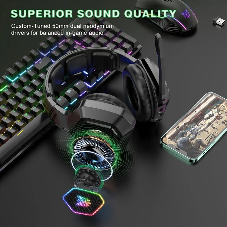ONIKUMA B100 2.4G Беспроводная / Bluetooth 5.3 / Проводная накладная гарнитура с RGB-подсветкой для игровых ПК - Черный