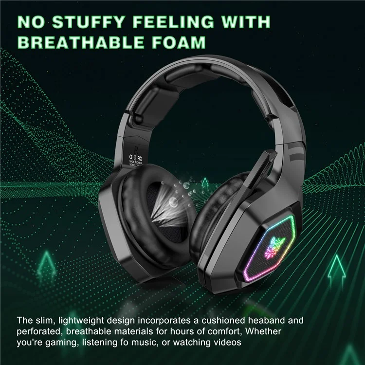ONIKUMA B100 2.4G Беспроводная / Bluetooth 5.3 / Проводная накладная гарнитура с RGB-подсветкой для игровых ПК - Черный
