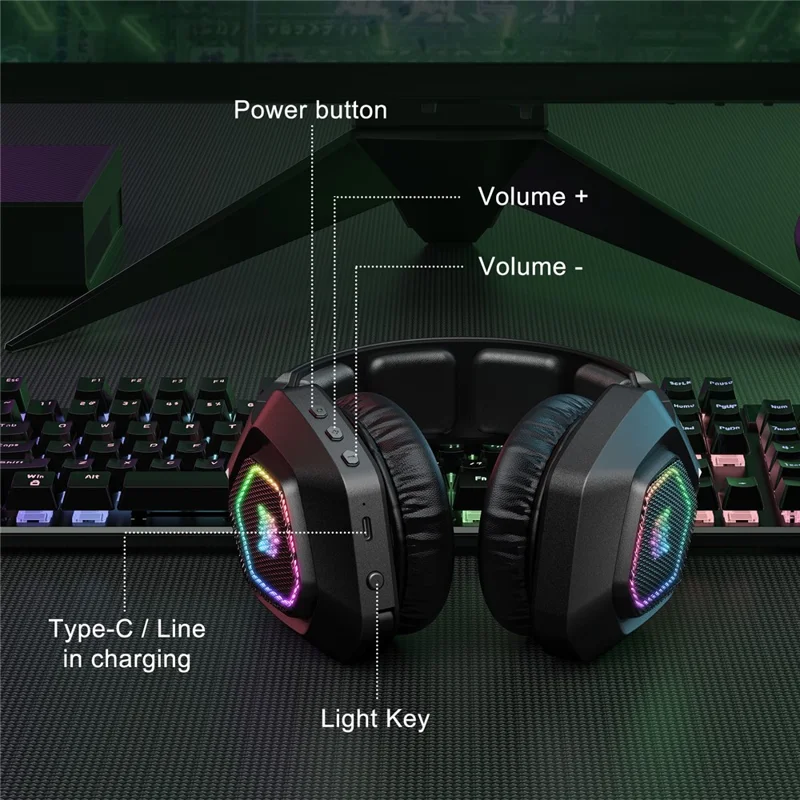 ONIKUMA B100 2.4G Беспроводная / Bluetooth 5.3 / Проводная накладная гарнитура с RGB-подсветкой для игровых ПК - Черный