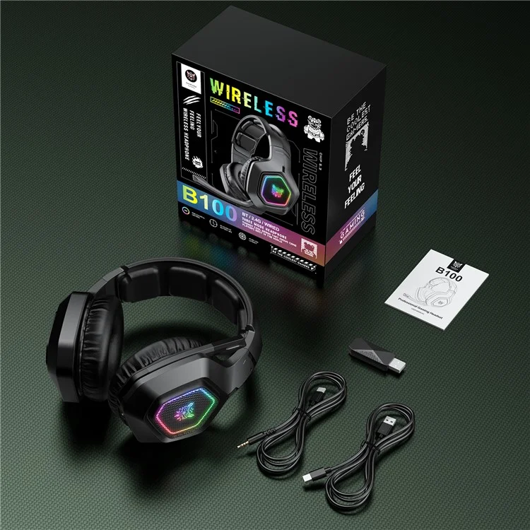 ONIKUMA B100 2.4G Беспроводная / Bluetooth 5.3 / Проводная накладная гарнитура с RGB-подсветкой для игровых ПК - Черный