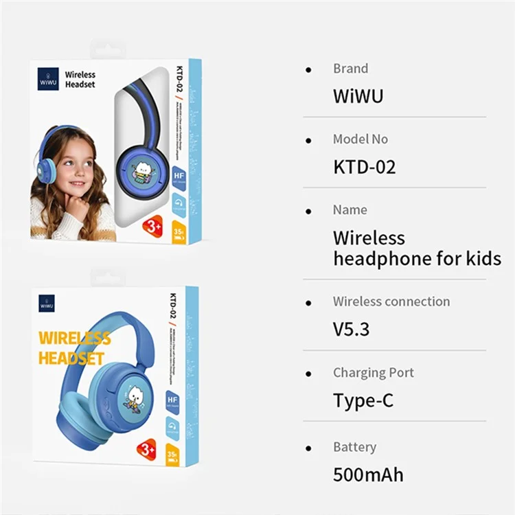 WIWU KTD-2 Kids Over-Ear Bluetooth-compatible Headphone Wireless Earphone Children Music Headset - Blue