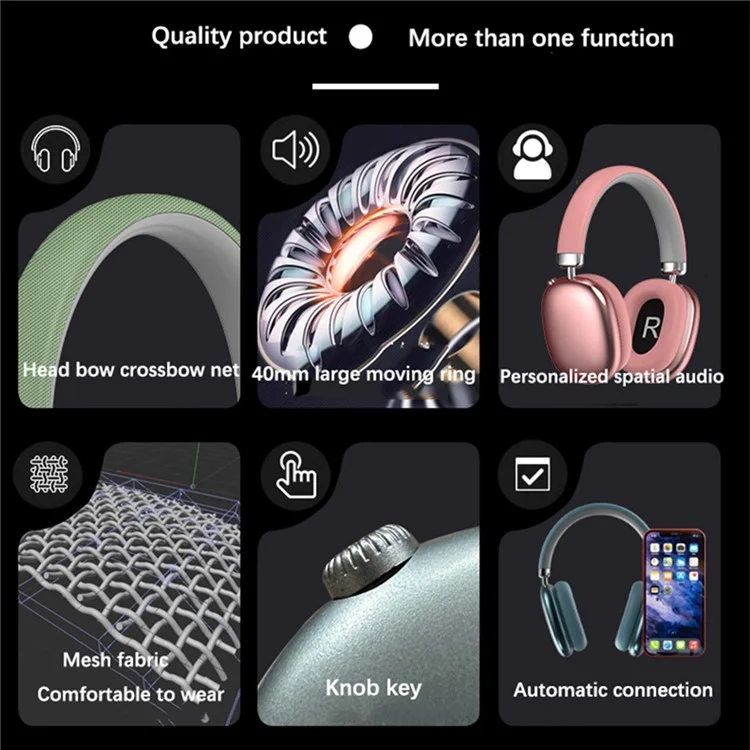 P959 Over-Ear-Kopfhörer Kabellos Bluetooth Gaming-Headset Ohrhörer für iPhone - Schwarz
