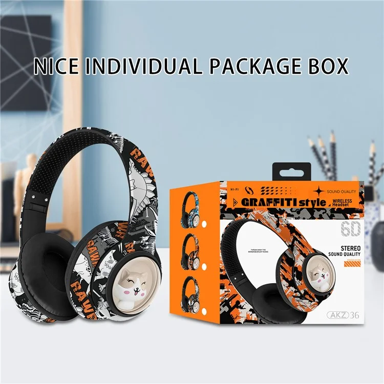 AKZ 36 Creative Graffiti Bluetooth-compatible Headphone FM Radio Foldable Stereo Wireless Headset - Orange