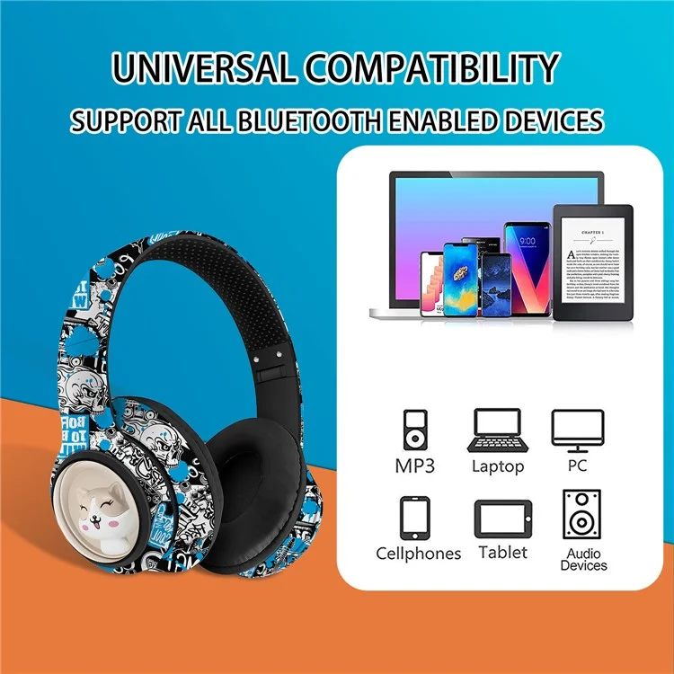 AKZ 36 Creative Graffiti Bluetooth-compatible Headphone FM Radio Foldable Stereo Wireless Headset - Blue