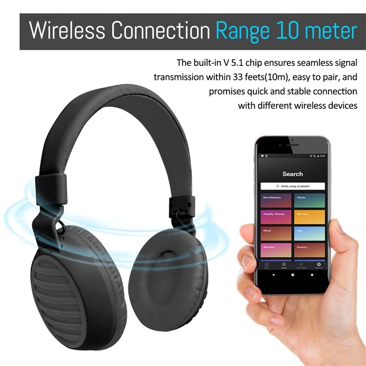 AKZ 35 Over-Ear Bluetooth-compatible Headphone Foldable Stereo Music Wireless Headset - Black