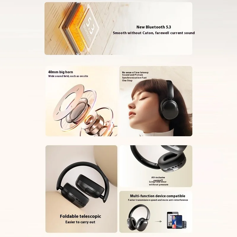 AKZ 29 Over-Ear Bluetooth-compatible Headphone Foldable Stereo Music Wireless / AUX Wired Headset - Ivory White