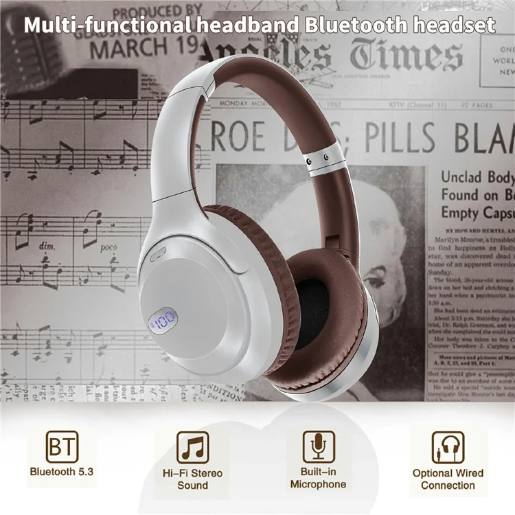 AKZ-15 Bluetooth-compatible 5.3 Over-Ear Headphones HiFi Stereo Foldable Headset with Battery Display - Black