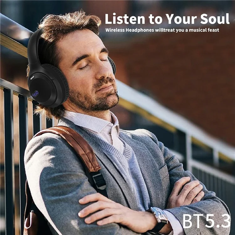 AKZ-15 Bluetooth-compatible 5.3 Over-Ear Headphones HiFi Stereo Foldable Headset with Battery Display - Black