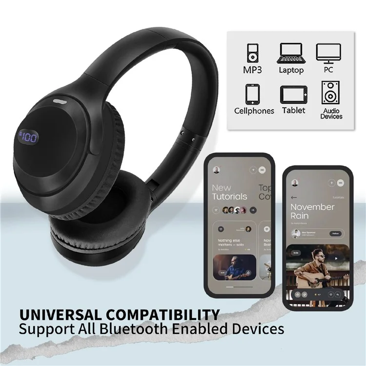 AKZ-15 Bluetooth-compatible 5.3 Over-Ear Headphones HiFi Stereo Foldable Headset with Battery Display - Black