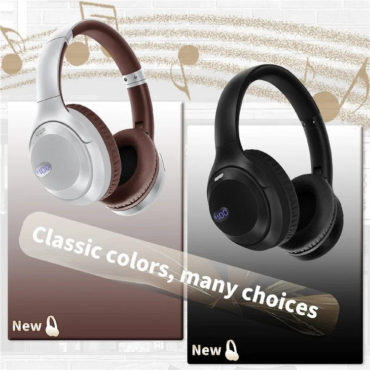 AKZ-15 Bluetooth-compatible 5.3 Over-Ear Headphones HiFi Stereo Foldable Headset with Battery Display - Black
